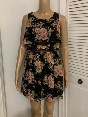 Emerald Sundae Black Floral Layered Girls Dress with Pink Roses